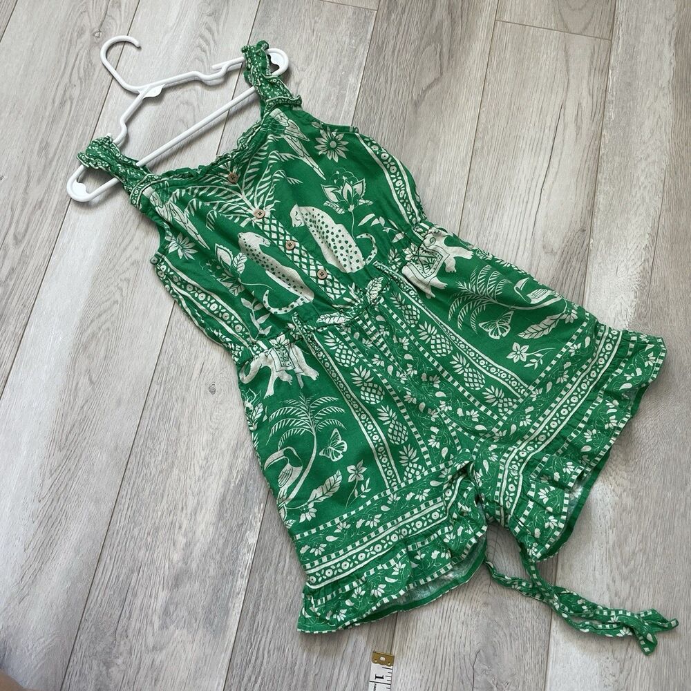 Mini Boden Romper linen cotton animal floral girls Green (size 8-9Y) casual boho